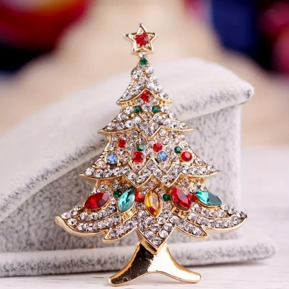 Elegant Festive Colorful Rhinestone • Christmas Tree Brooch